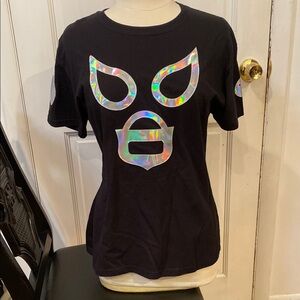 Black T-Shirt with Holographic Mask Design